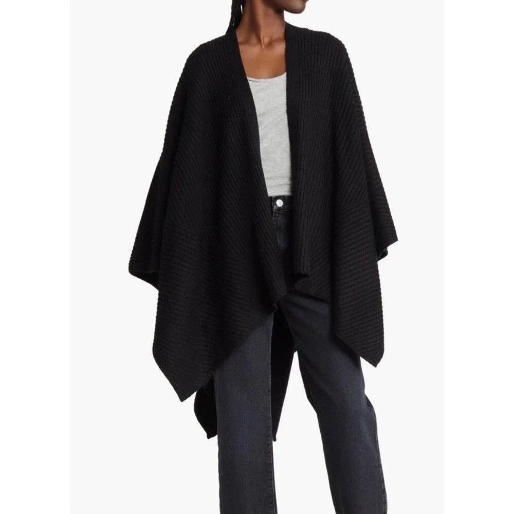 AllSaints Black Traveling Rib Ruana Shawl Wrap Wool Blend OS